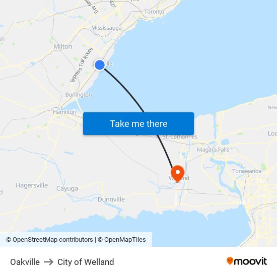 Oakville to City of Welland map