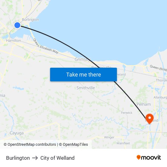 Burlington to City of Welland map