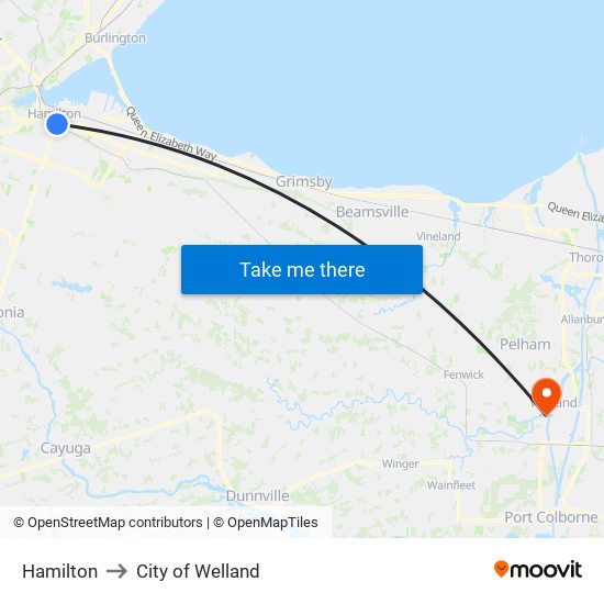 Hamilton to City of Welland map