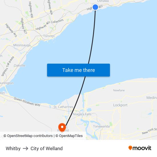 Whitby to City of Welland map