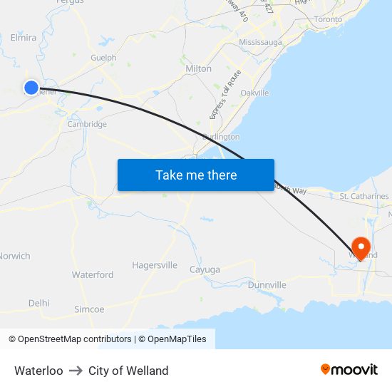 Waterloo to City of Welland map