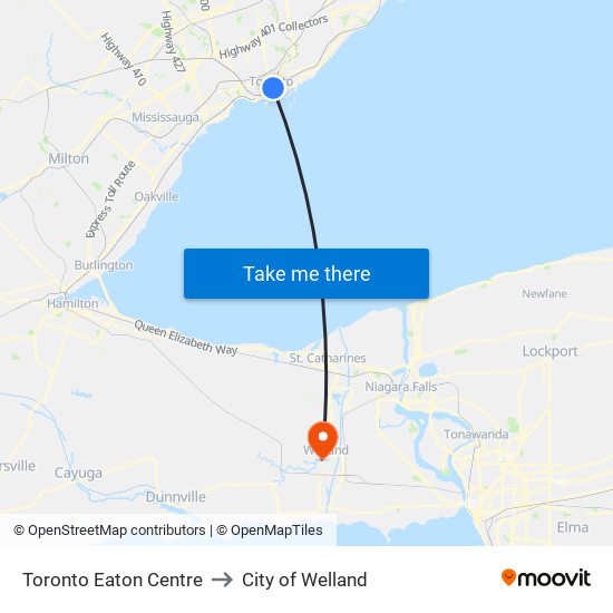 Toronto Eaton Centre to City of Welland map