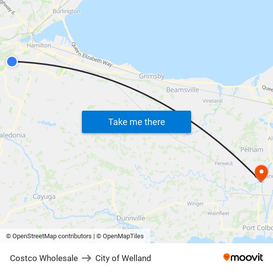 Costco Wholesale to City of Welland map