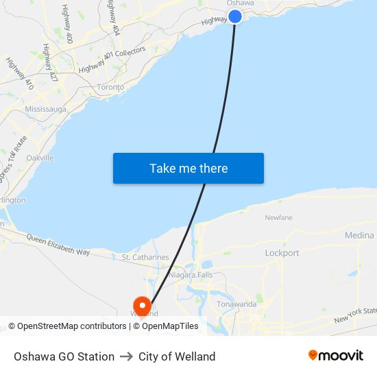 Oshawa GO Station to City of Welland map