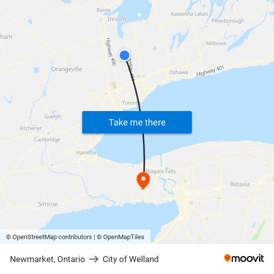 Newmarket, Ontario to City of Welland map