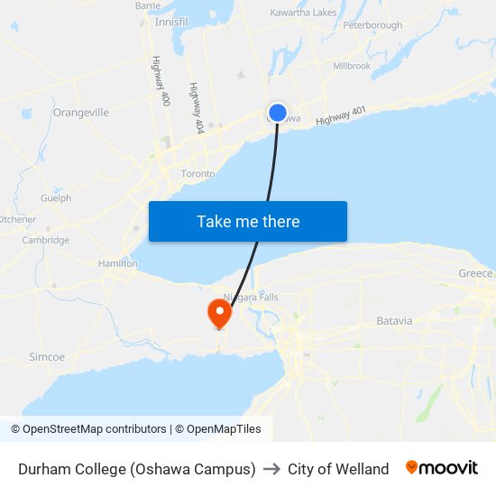 Durham College (Oshawa Campus) to City of Welland map