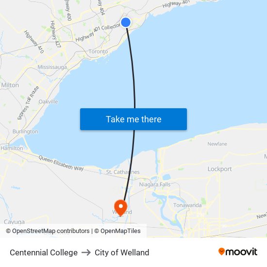 Centennial College to City of Welland map