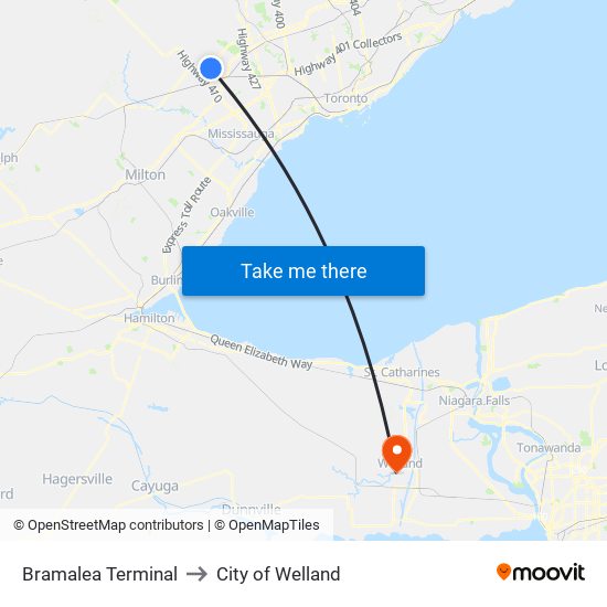 Bramalea Terminal to City of Welland map