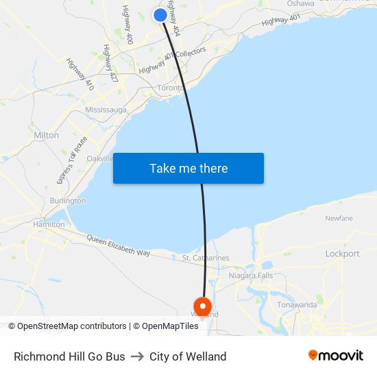 Richmond Hill Go Bus to City of Welland map