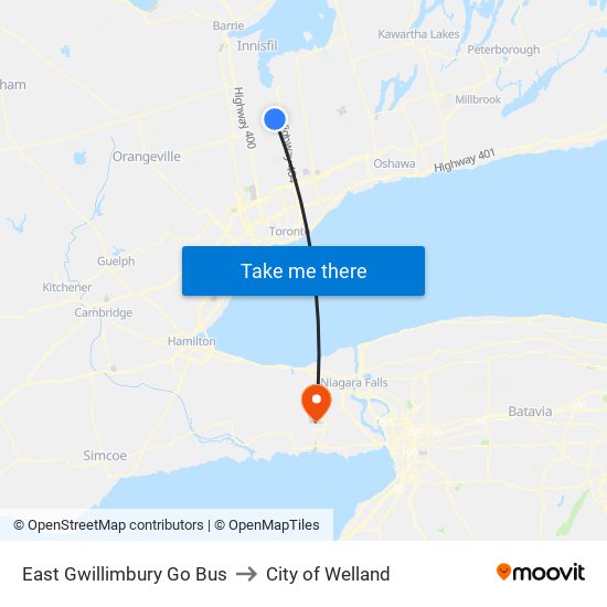 East Gwillimbury Go Bus to City of Welland map