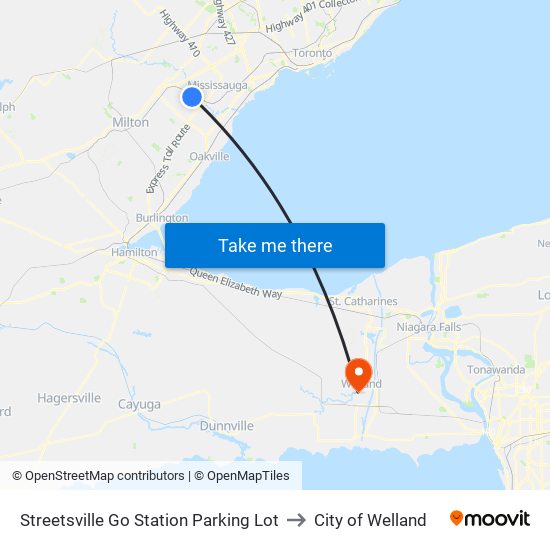 Streetsville Go Station Parking Lot to City of Welland map