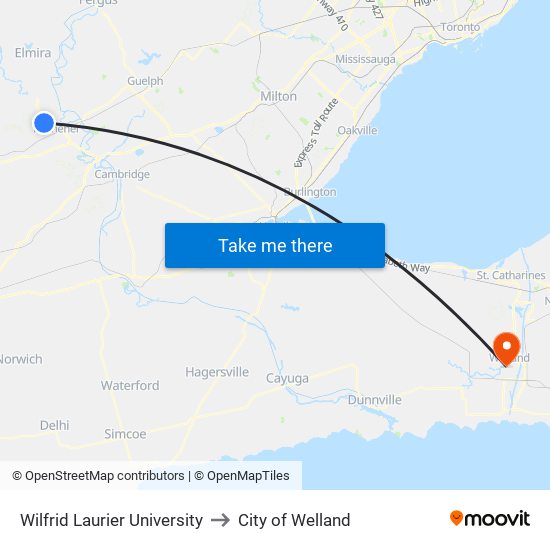 Wilfrid Laurier University to City of Welland map