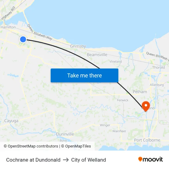 Cochrane at Dundonald to City of Welland map