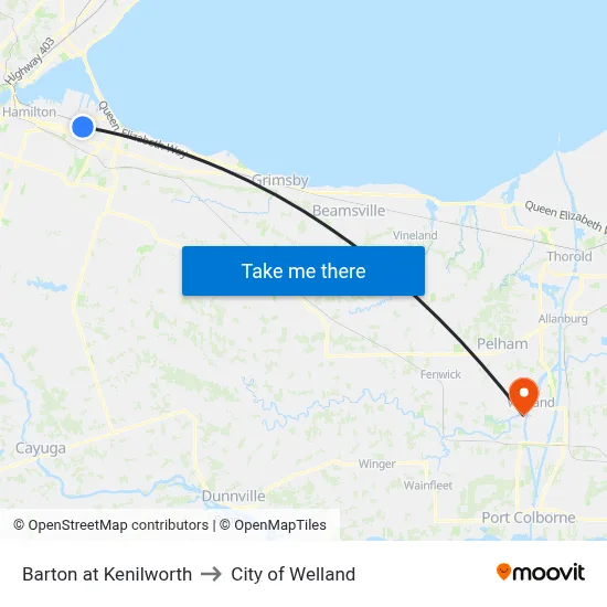 Barton at Kenilworth to City of Welland map