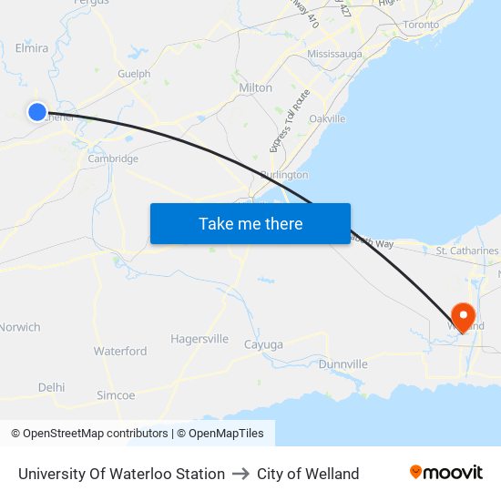 University Of Waterloo Station to City of Welland map