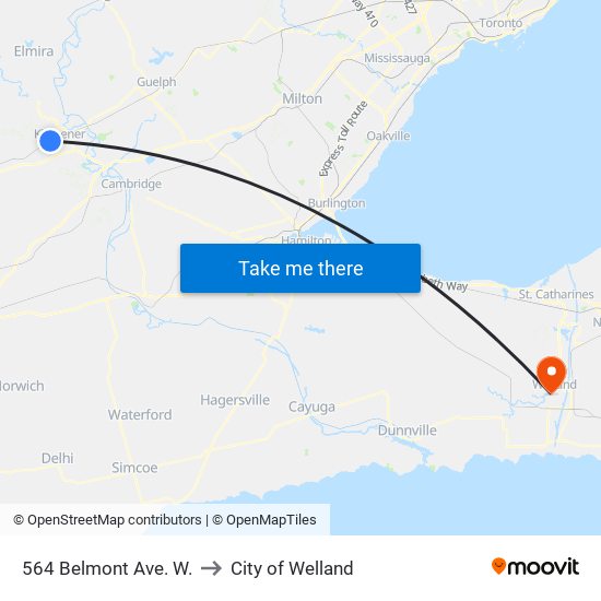 564 Belmont Ave. W. to City of Welland map