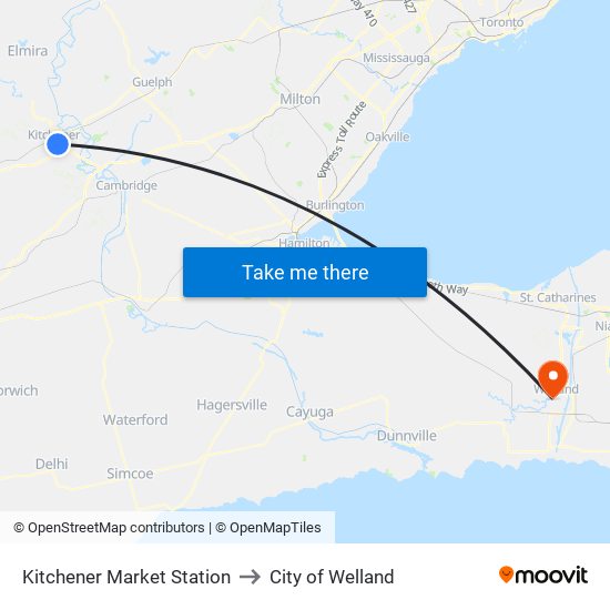 Kitchener Market Station to City of Welland map