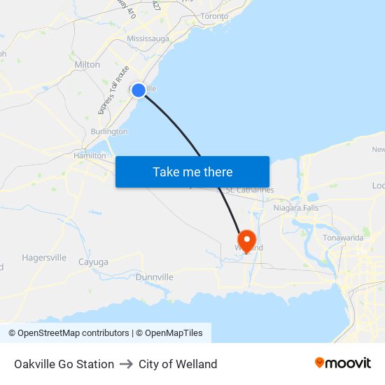 Oakville Go Station to City of Welland map