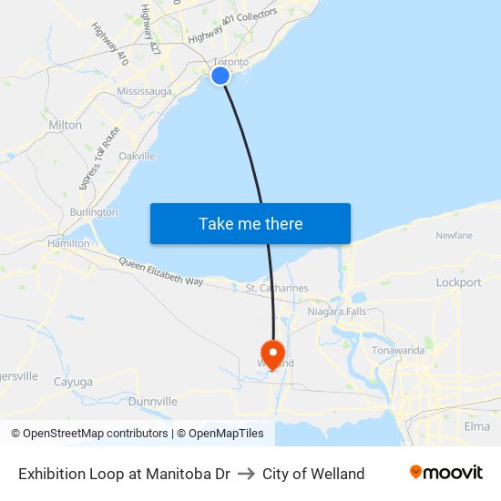 Exhibition Loop at Manitoba Dr to City of Welland map