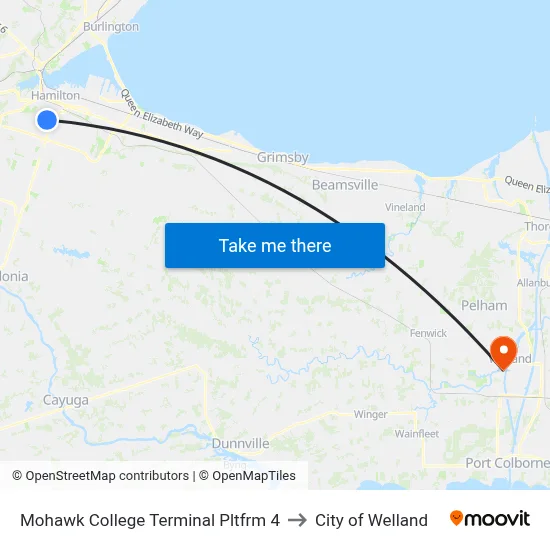 Mohawk College Terminal Pltfrm 4 to City of Welland map