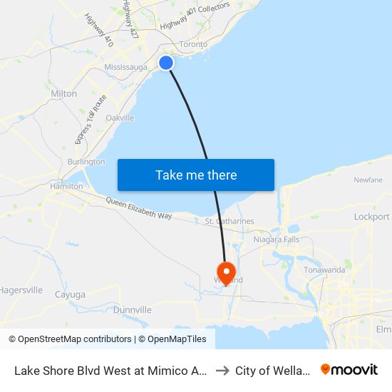 Lake Shore Blvd West at Mimico Ave to City of Welland map