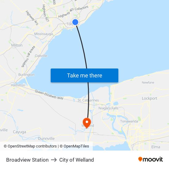 Broadview Station to City of Welland map