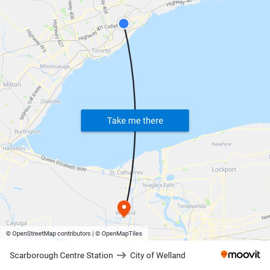 Scarborough Centre Station to City of Welland map