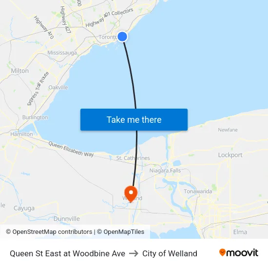 Queen St East at Woodbine Ave to City of Welland map