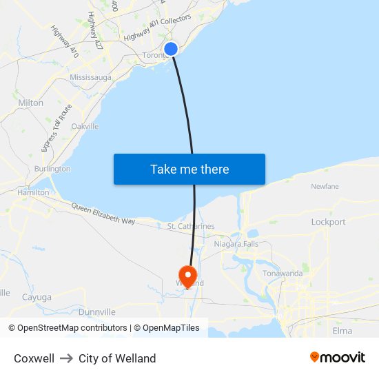 Coxwell to City of Welland map