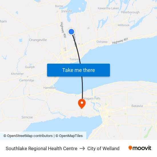 Southlake Regional Health Centre to City of Welland map