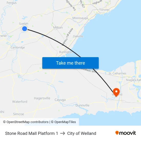 Stone Road Mall Platform 1 to City of Welland map
