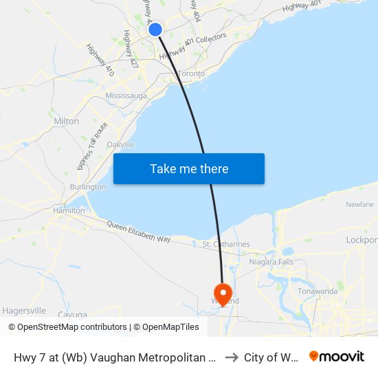 Hwy 7 at (Wb) Vaughan Metropolitan Centre Station to City of Welland map