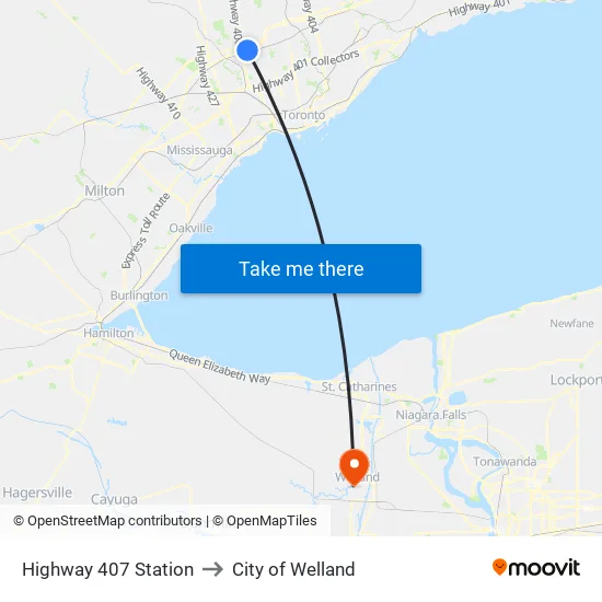 Highway 407 Station to City of Welland map
