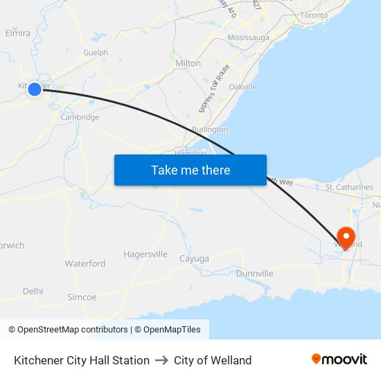 Kitchener City Hall Station to City of Welland map