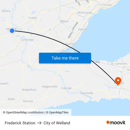 Frederick Station to City of Welland map