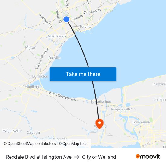 Rexdale Blvd at Islington Ave to City of Welland map