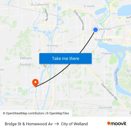 Bridge St & Homewood Av to City of Welland map
