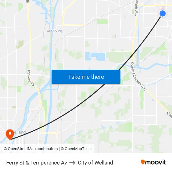 Ferry St & Temperence Av to City of Welland map