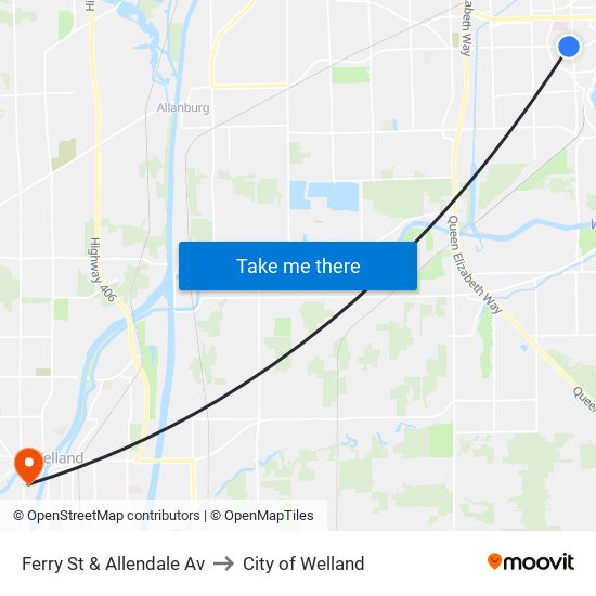 Ferry St & Allendale Av to City of Welland map