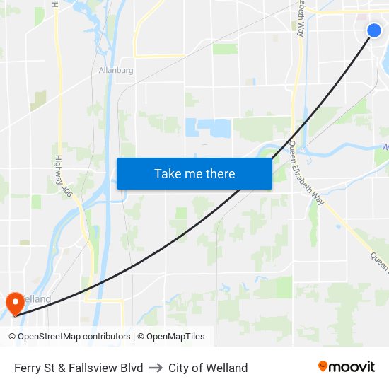 Ferry St & Fallsview Blvd to City of Welland map