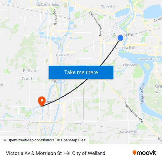 Victoria Av & Morrison St to City of Welland map