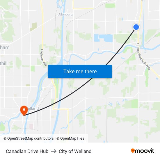 Canadian Drive Hub to City of Welland map