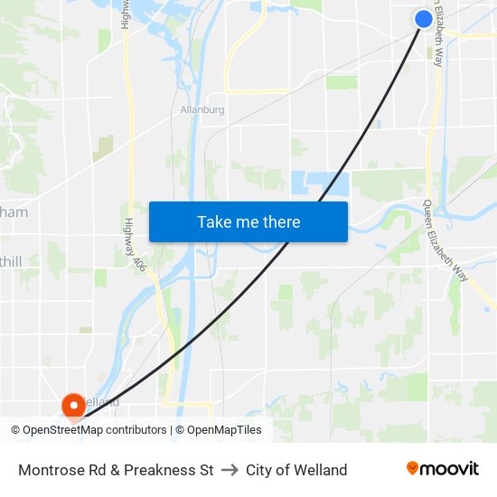 Montrose Rd & Preakness St to City of Welland map