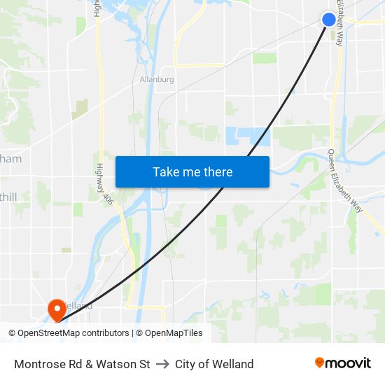 Montrose Rd & Watson St to City of Welland map