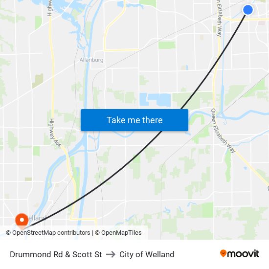 Drummond Rd & Scott St to City of Welland map