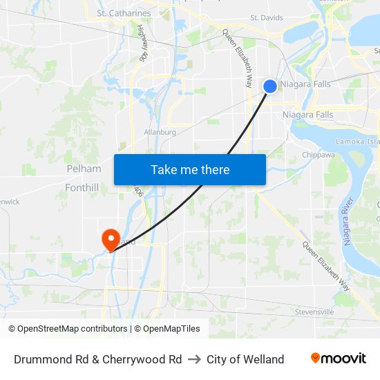 Drummond Rd & Cherrywood Rd to City of Welland map