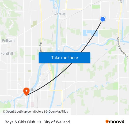 Boys & Girls Club to City of Welland map