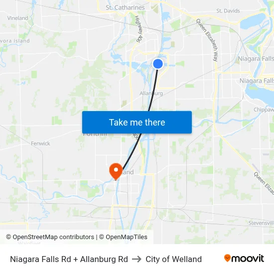 Niagara Falls Rd + Allanburg Rd to City of Welland map