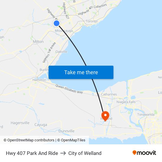 Hwy 407 Park And Ride to City of Welland map