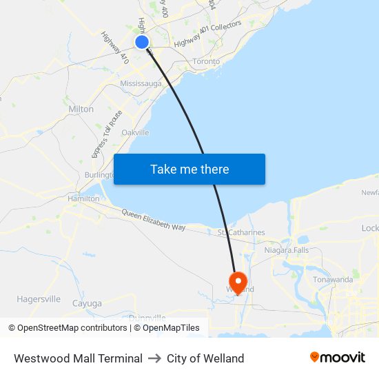 Westwood Mall Terminal to City of Welland map